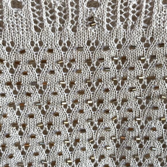 Alice + Olivia Linen Blend Pointelle Knit Beaded Cap Sleeve Cropped Sweater Top - Picture 8 of 9